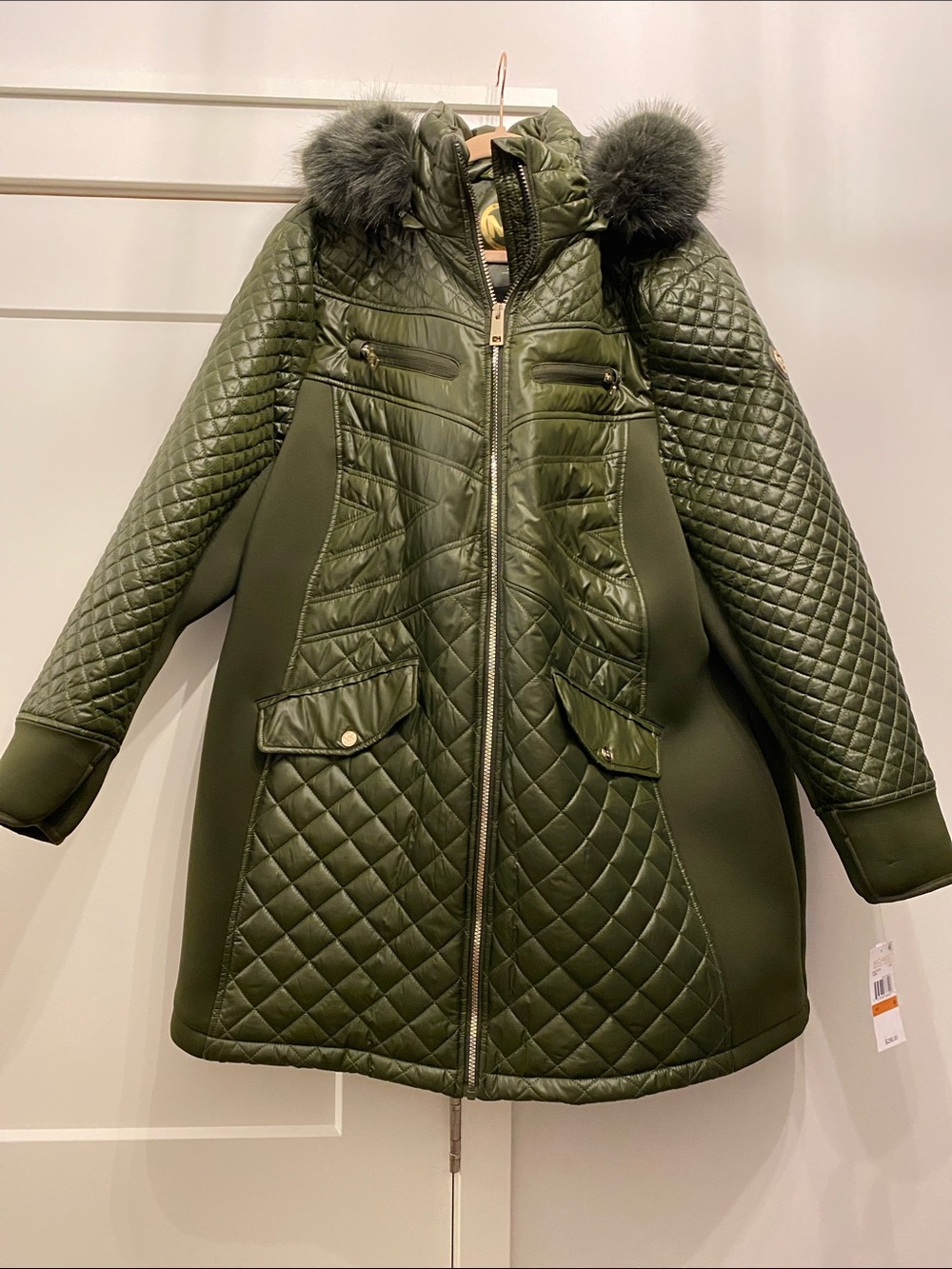 NWT Michael Kors Mixed Media Hooded Quilted Jacket Olive Green Plus Size 3X